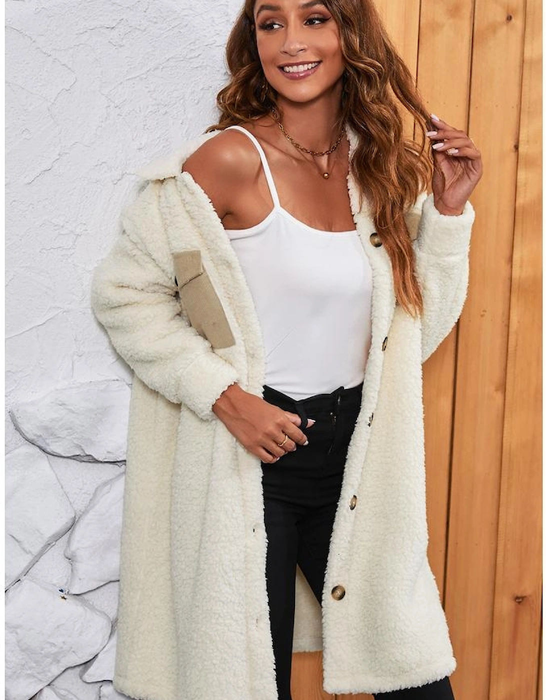 Beige Contrast Flap Pocket Single Breasted Teddy Coat