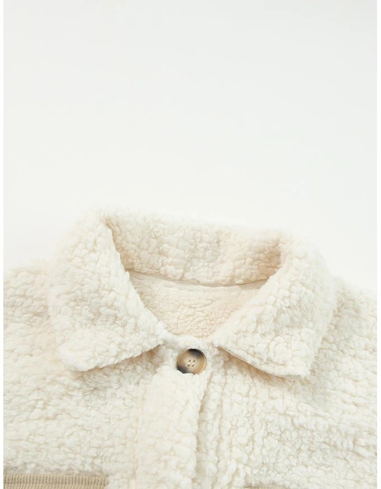 Beige Contrast Flap Pocket Single Breasted Teddy Coat