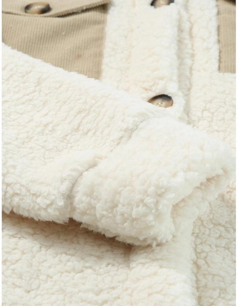 Beige Contrast Flap Pocket Single Breasted Teddy Coat