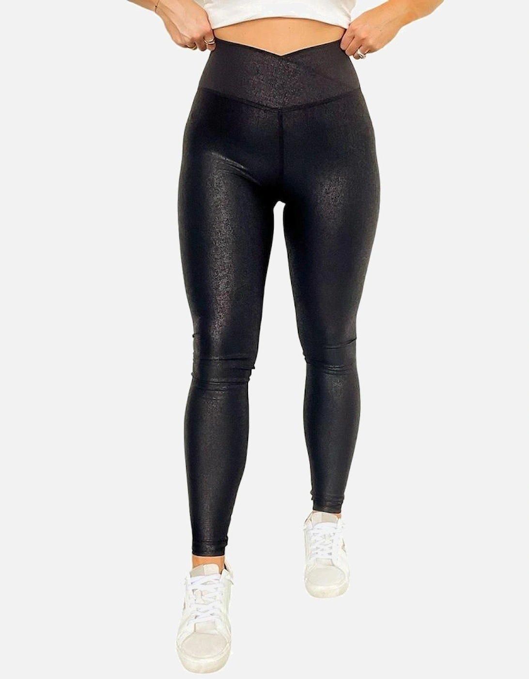 Black Crossed Dip Waist Sleek Leather Leggings