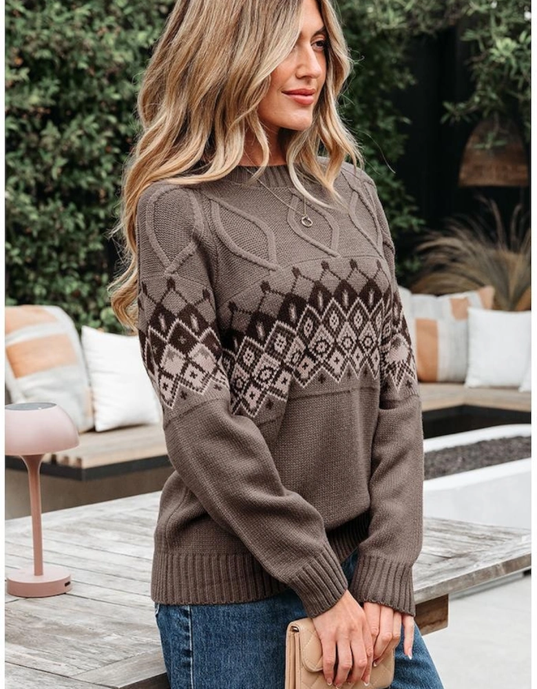 Light French Beige Western Geometric Patterned Crew Neck Knitted Sweater