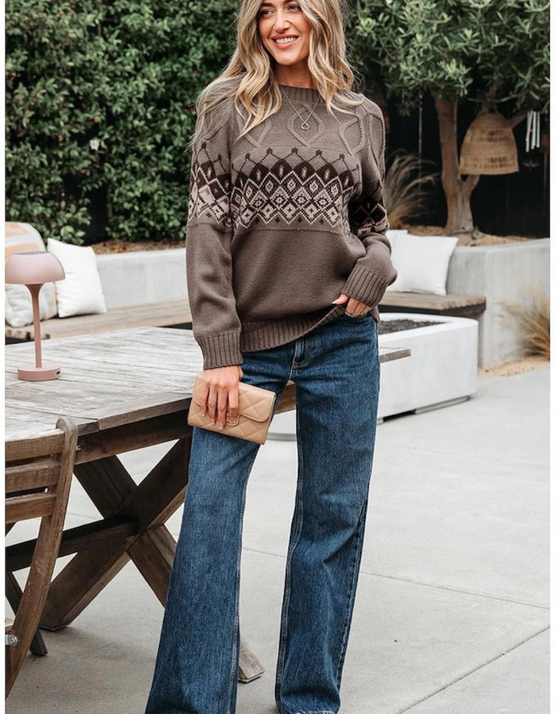 Light French Beige Western Geometric Patterned Crew Neck Knitted Sweater