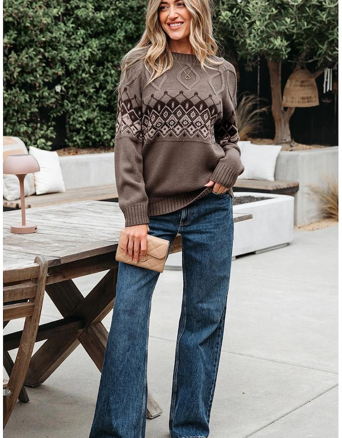 Light French Beige Western Geometric Patterned Crew Neck Knitted Sweater