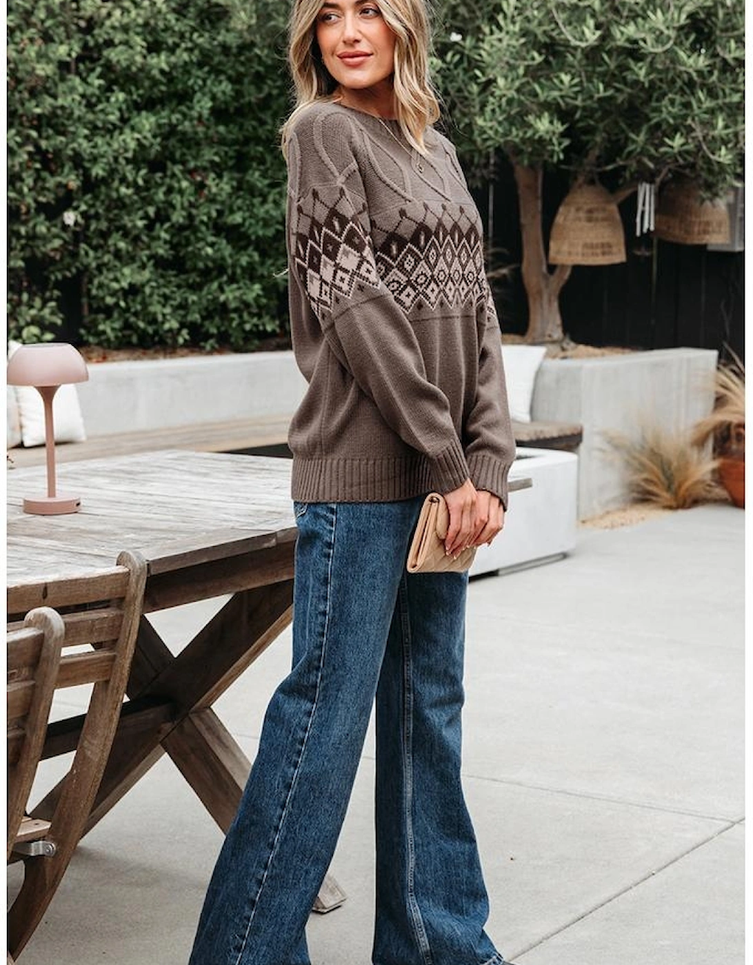 Light French Beige Western Geometric Patterned Crew Neck Knitted Sweater