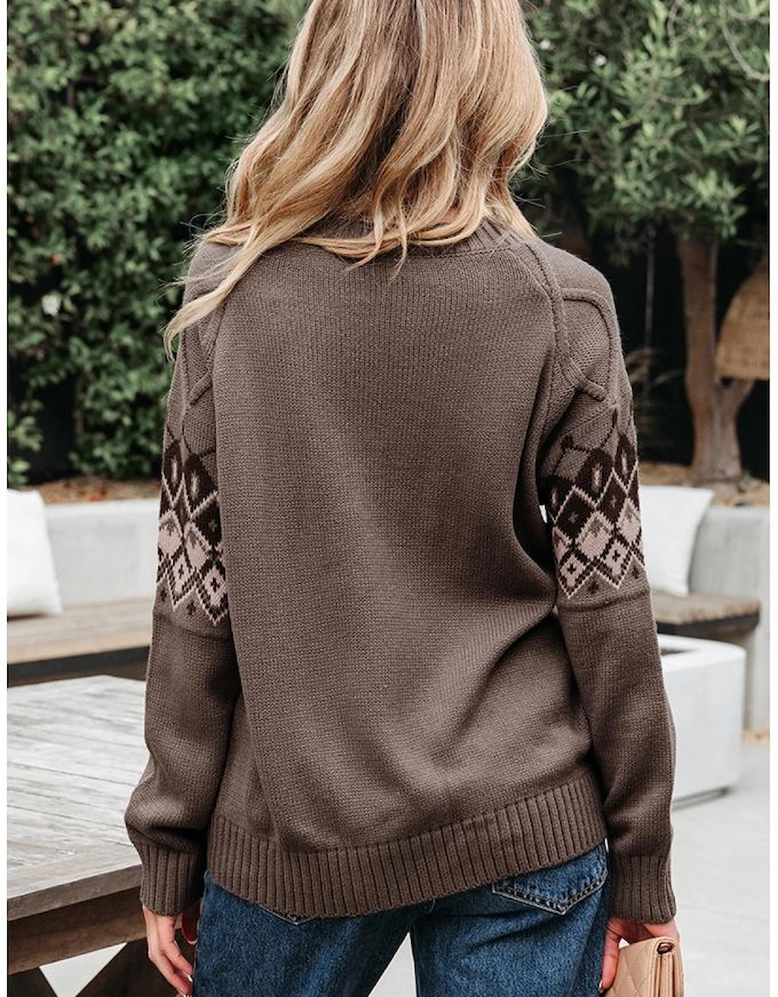 Light French Beige Western Geometric Patterned Crew Neck Knitted Sweater, 16 of 15