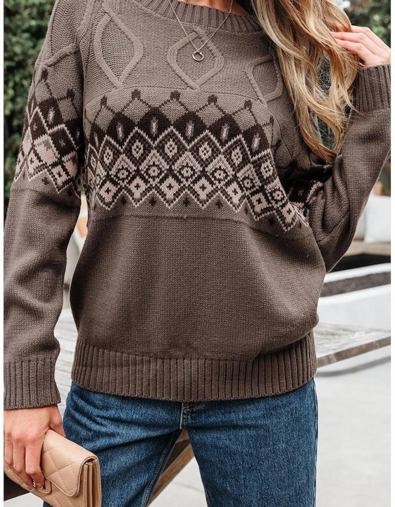 Light French Beige Western Geometric Patterned Crew Neck Knitted Sweater