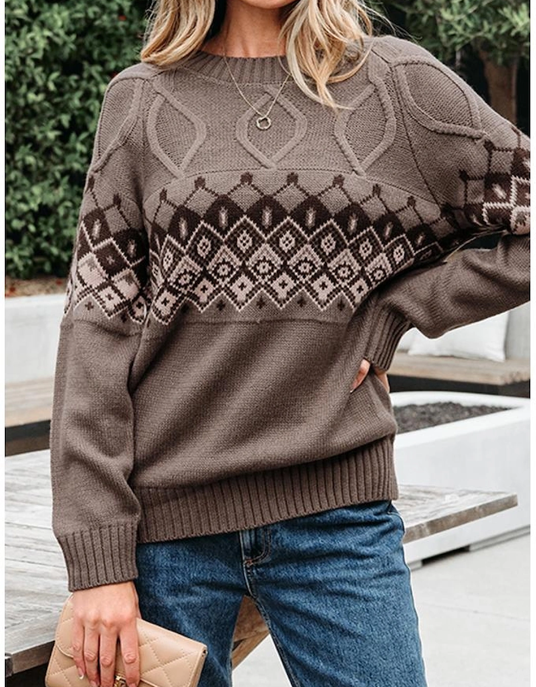 Light French Beige Western Geometric Patterned Crew Neck Knitted Sweater