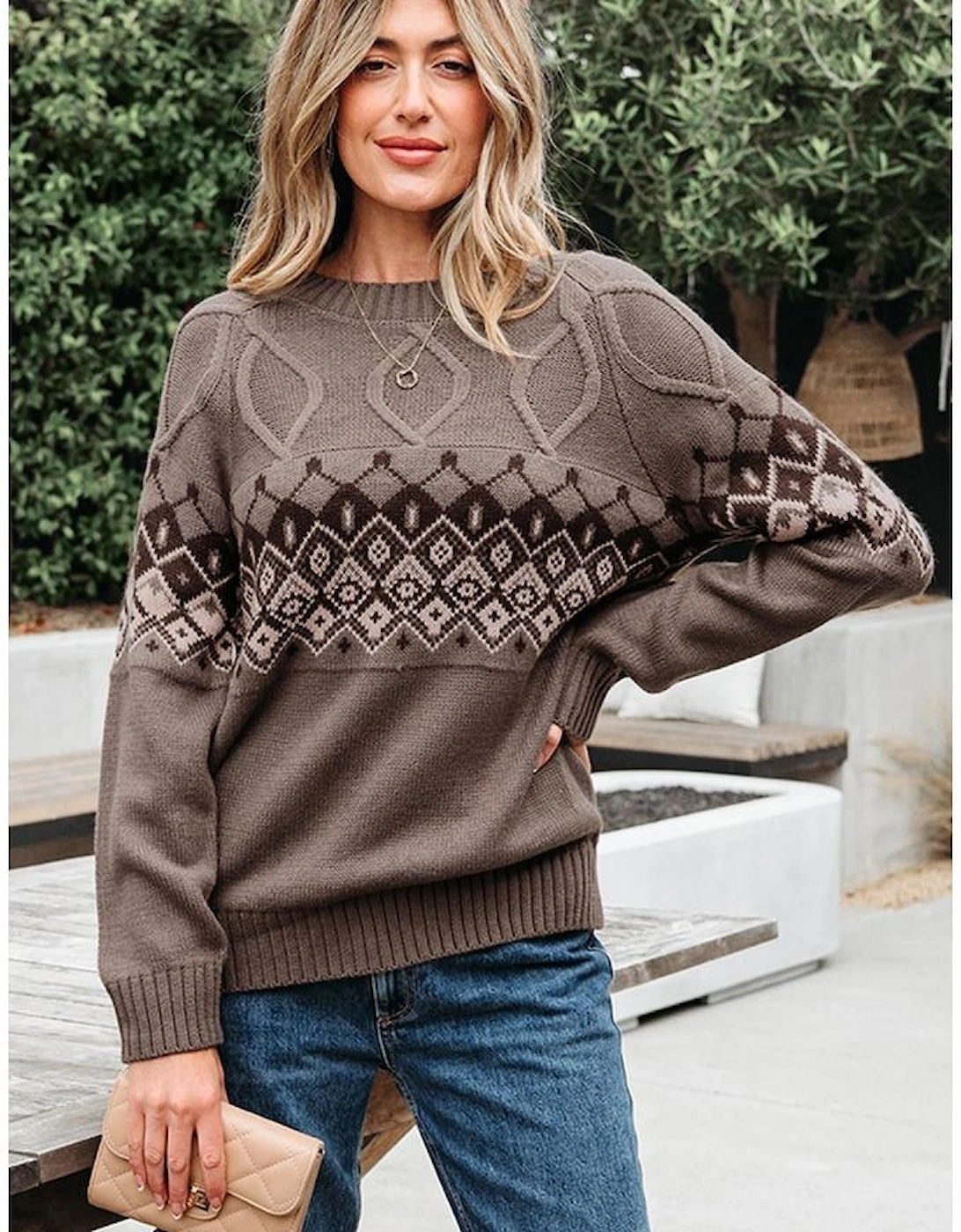 Light French Beige Western Geometric Patterned Crew Neck Knitted Sweater