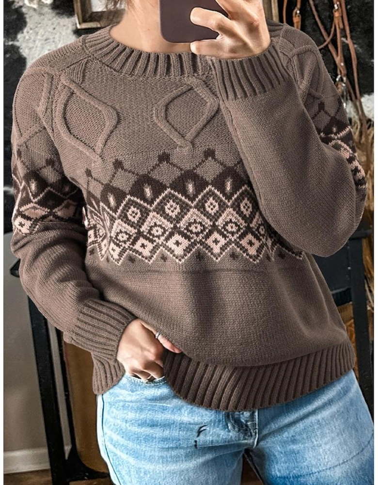 Light French Beige Western Geometric Patterned Crew Neck Knitted Sweater