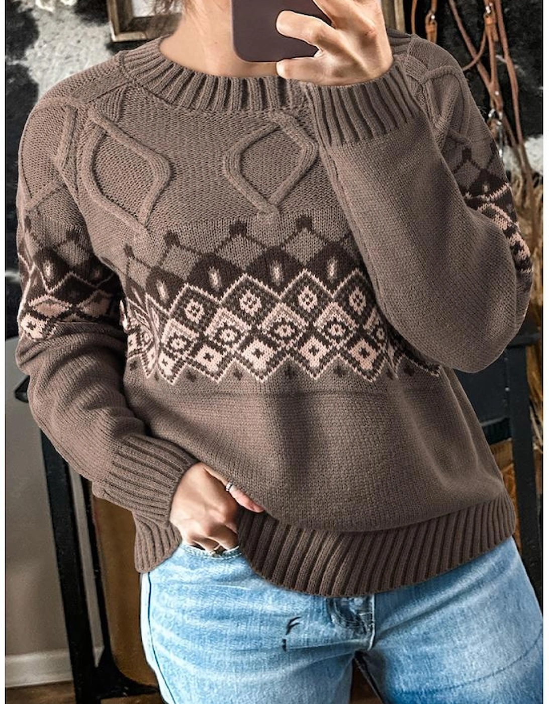 Light French Beige Western Geometric Patterned Crew Neck Knitted Sweater