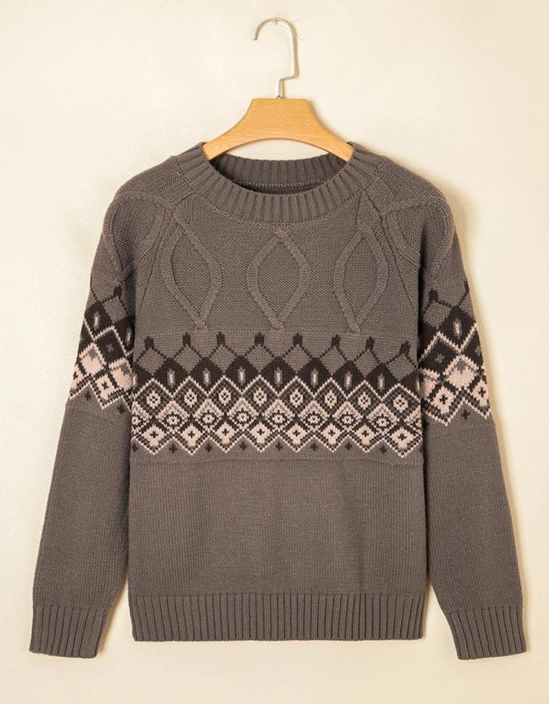 Light French Beige Western Geometric Patterned Crew Neck Knitted Sweater