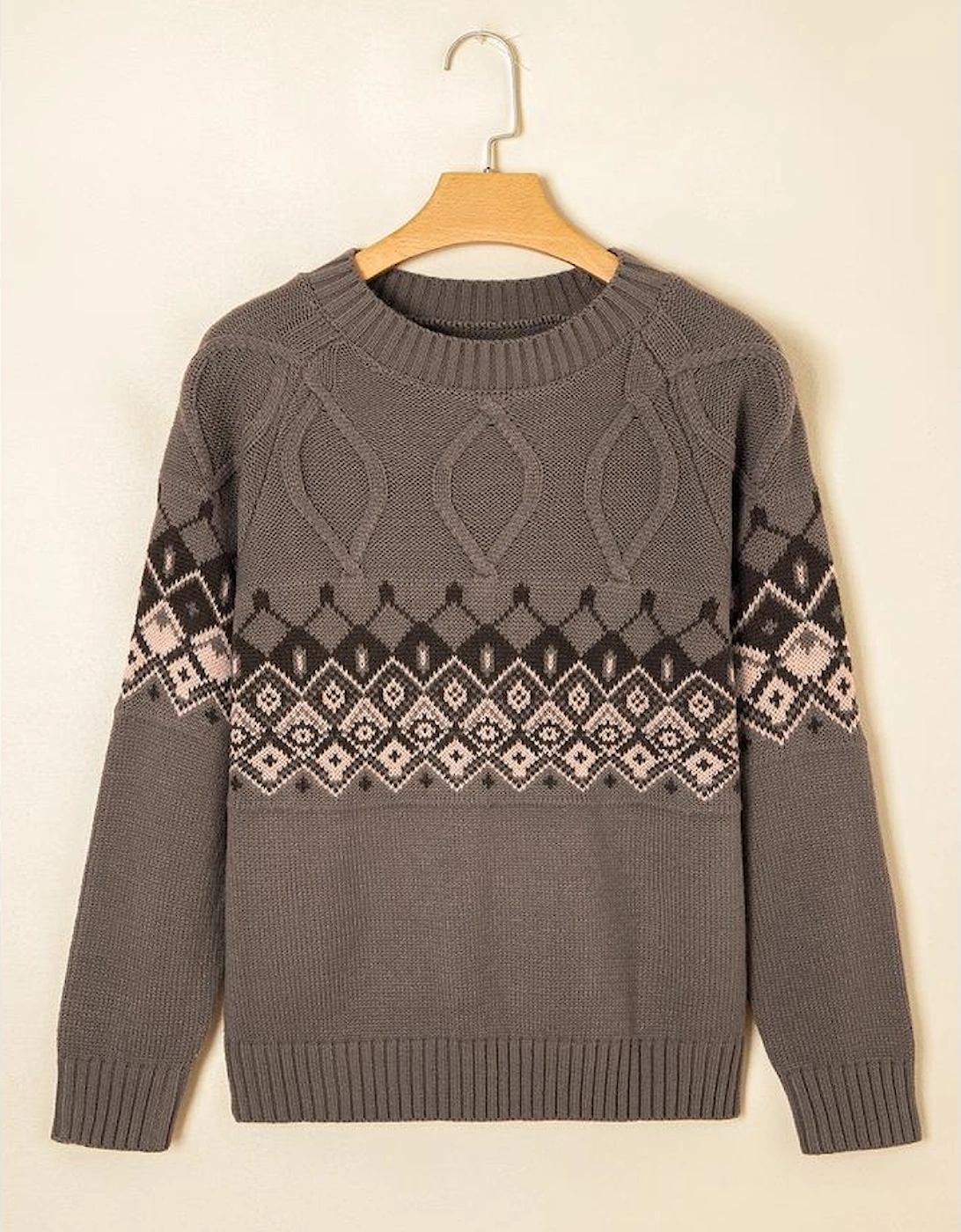 Light French Beige Western Geometric Patterned Crew Neck Knitted Sweater