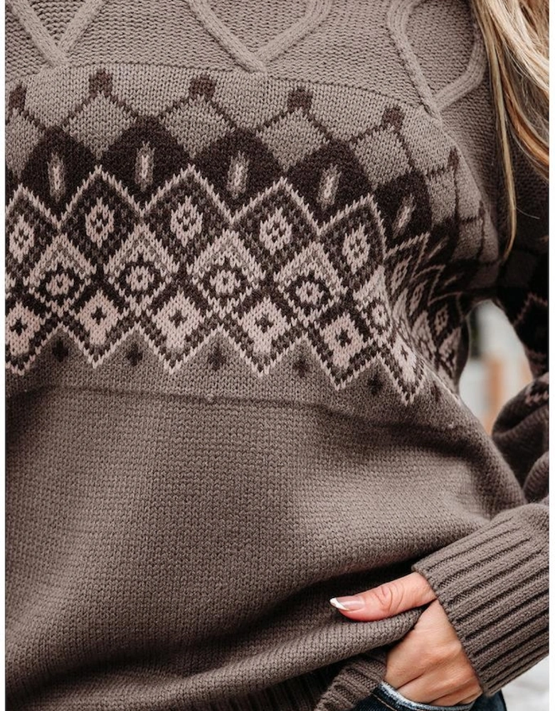 Light French Beige Western Geometric Patterned Crew Neck Knitted Sweater