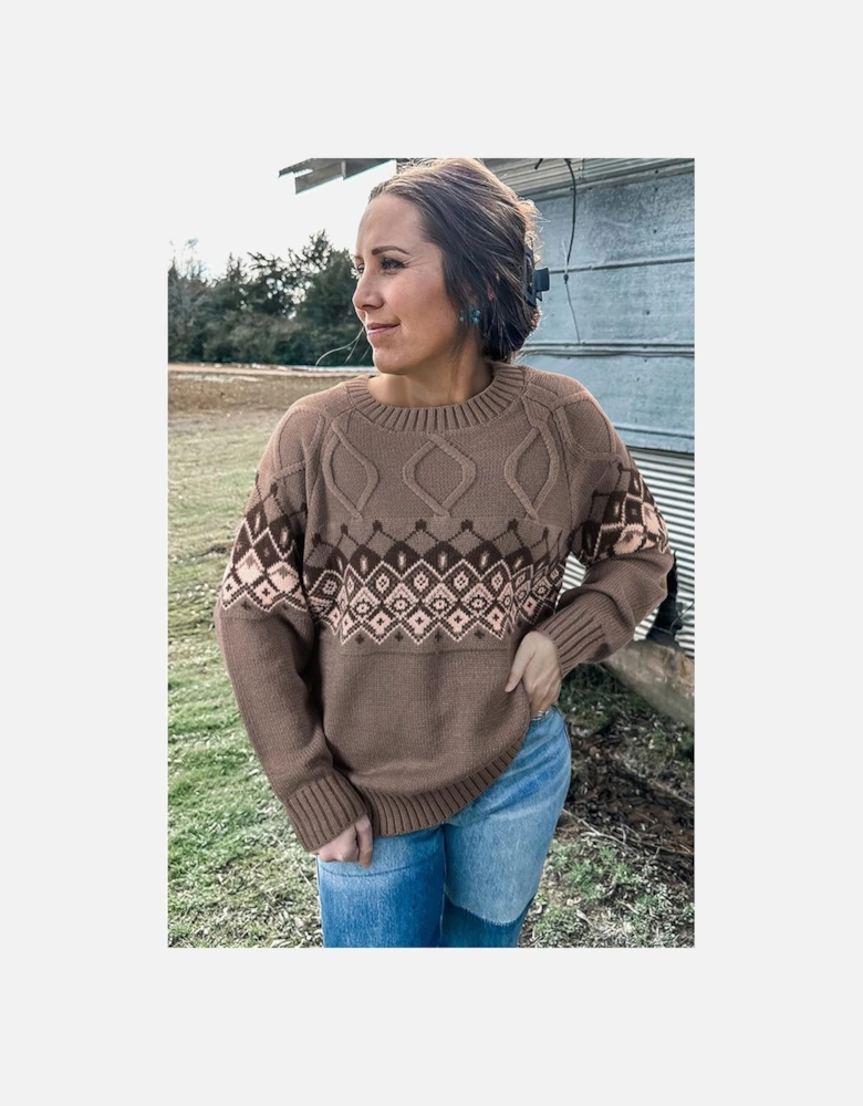 Light French Beige Western Geometric Patterned Crew Neck Knitted Sweater