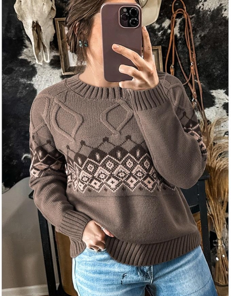 Light French Beige Western Geometric Patterned Crew Neck Knitted Sweater