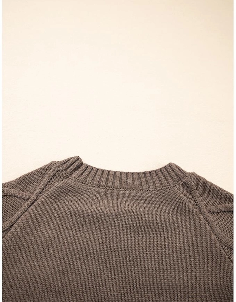 Light French Beige Western Geometric Patterned Crew Neck Knitted Sweater