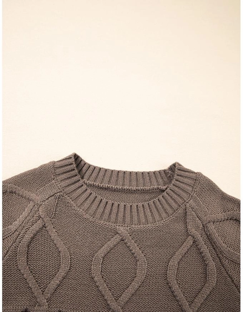 Light French Beige Western Geometric Patterned Crew Neck Knitted Sweater