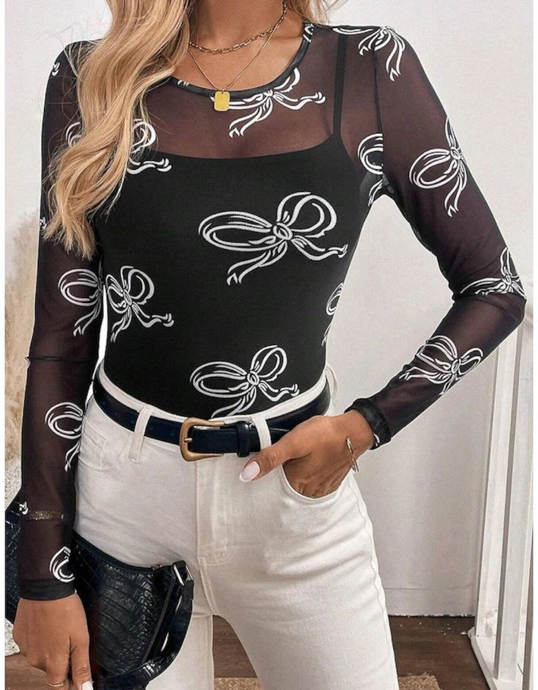 Black Round Neck Bow Print Long Sleeve Mesh Top