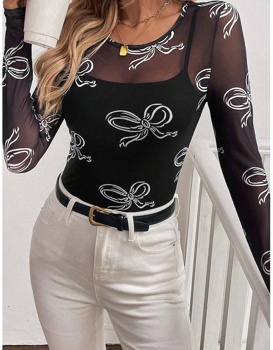 Black Round Neck Bow Print Long Sleeve Mesh Top