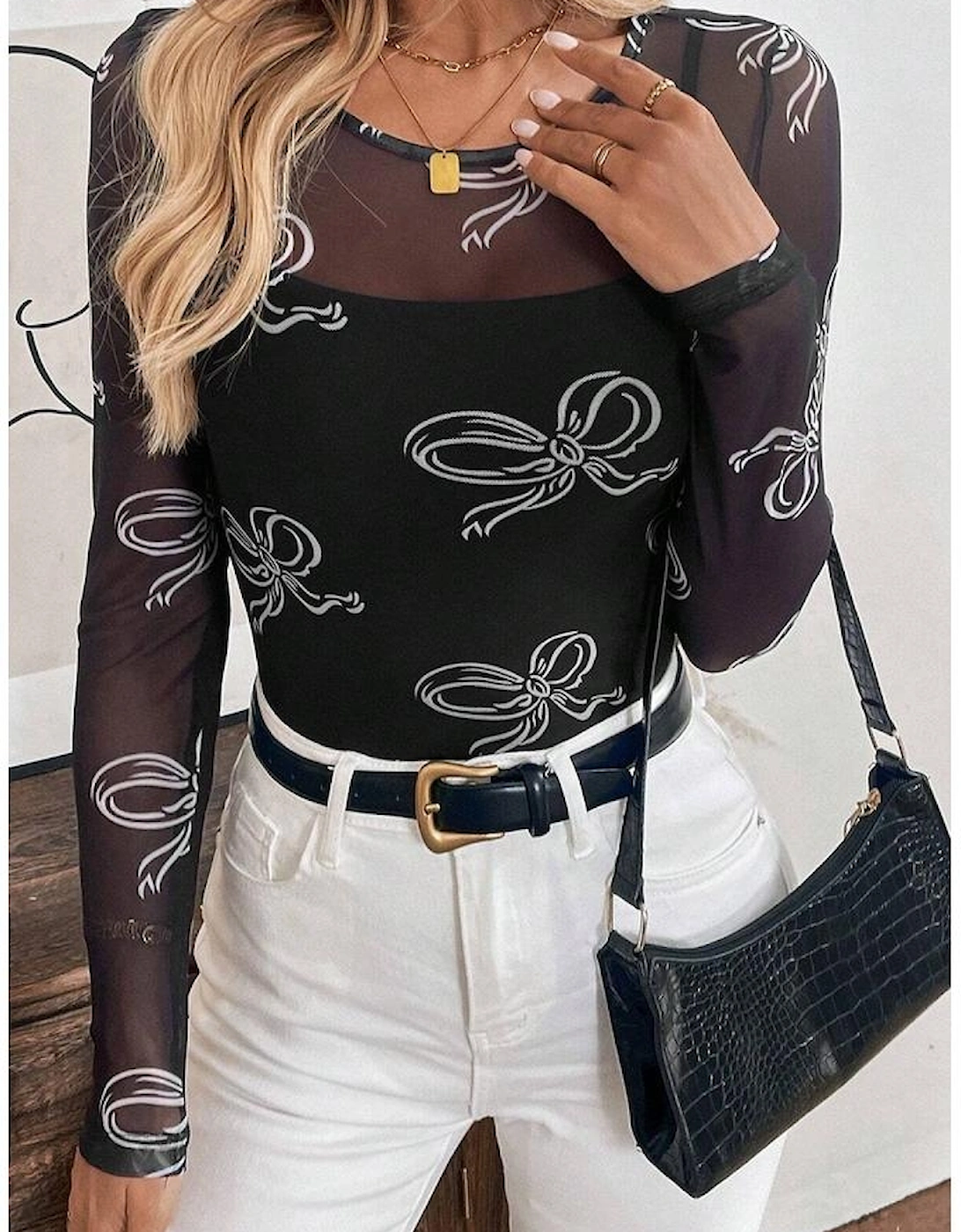 Black Round Neck Bow Print Long Sleeve Mesh Top
