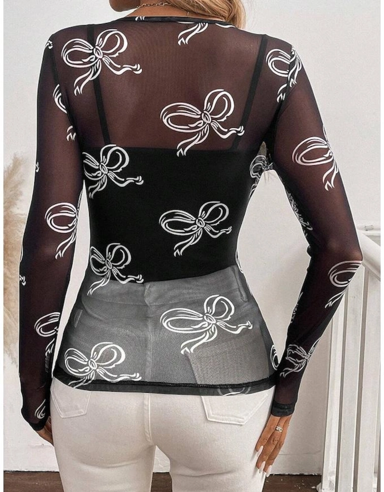 Black Round Neck Bow Print Long Sleeve Mesh Top