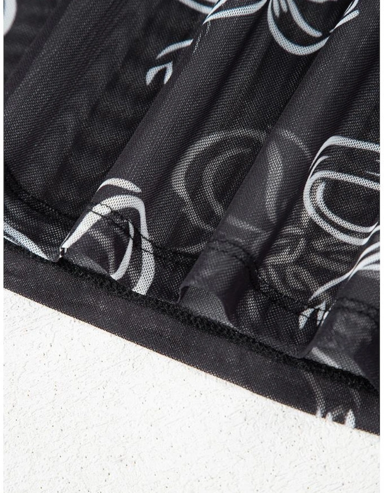 Black Round Neck Bow Print Long Sleeve Mesh Top