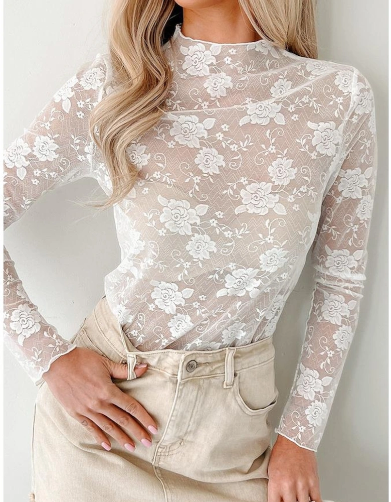 White Sheer Floral Lace Mesh Mock Neck Long Sleeve Top