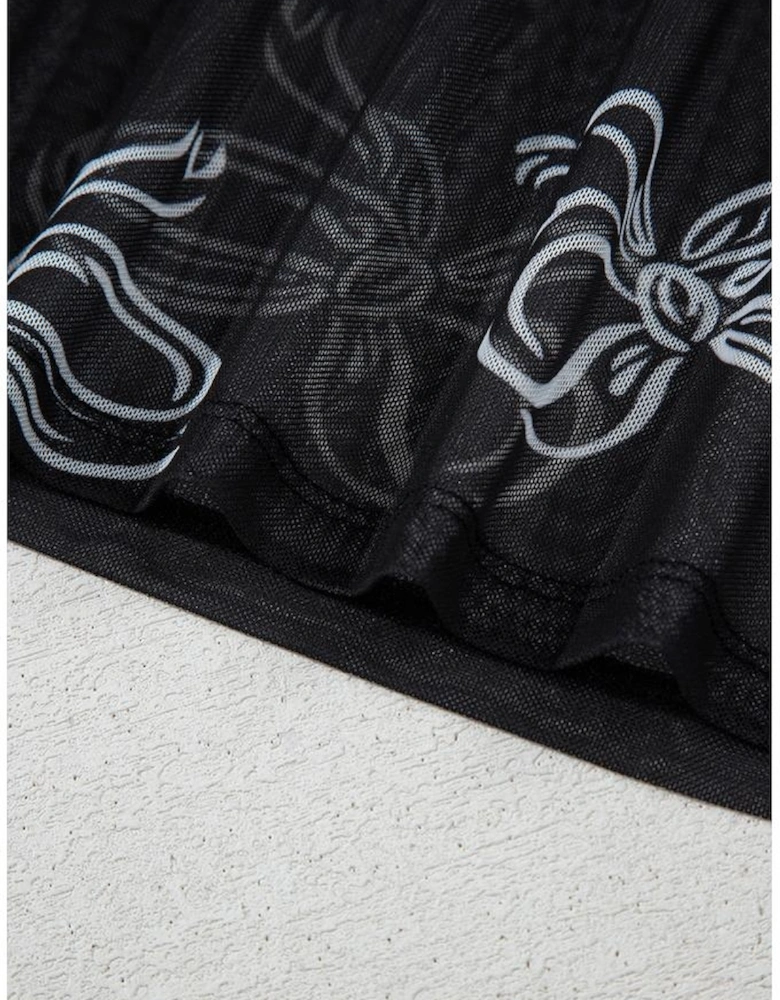 Black Round Neck Bow Print Long Sleeve Mesh Top