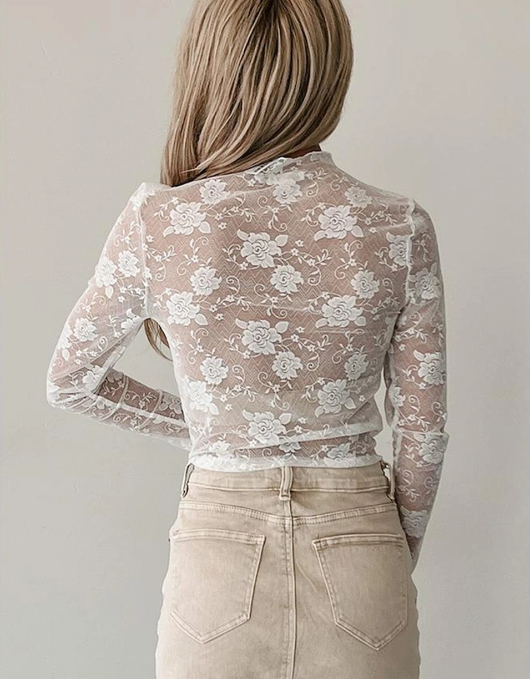 White Sheer Floral Lace Mesh Mock Neck Long Sleeve Top
