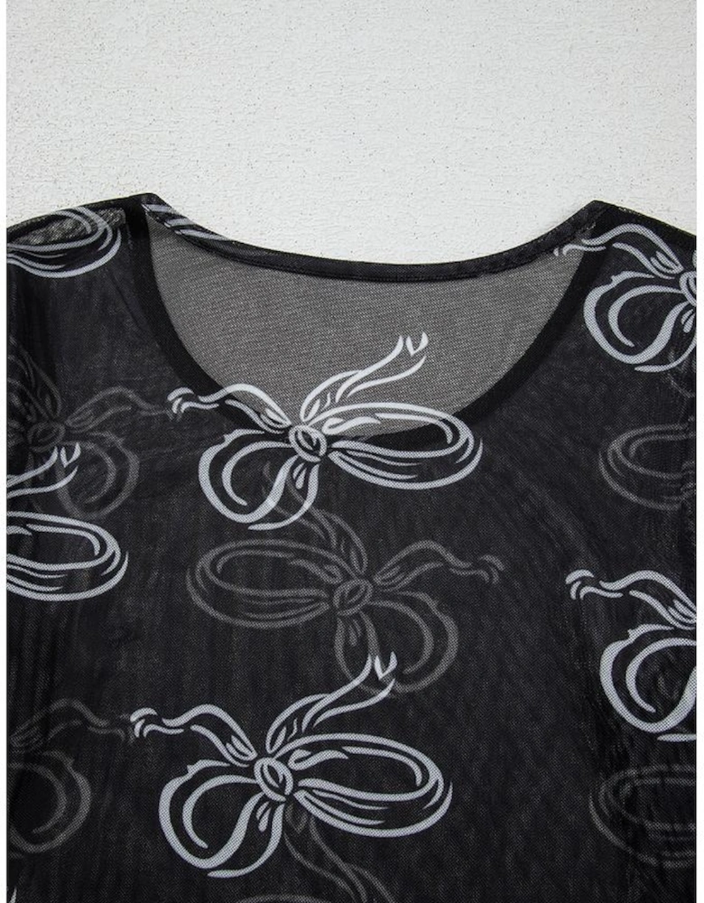 Black Round Neck Bow Print Long Sleeve Mesh Top