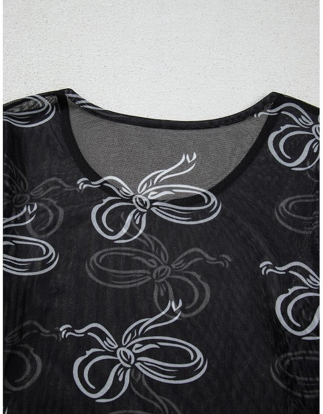 Black Round Neck Bow Print Long Sleeve Mesh Top