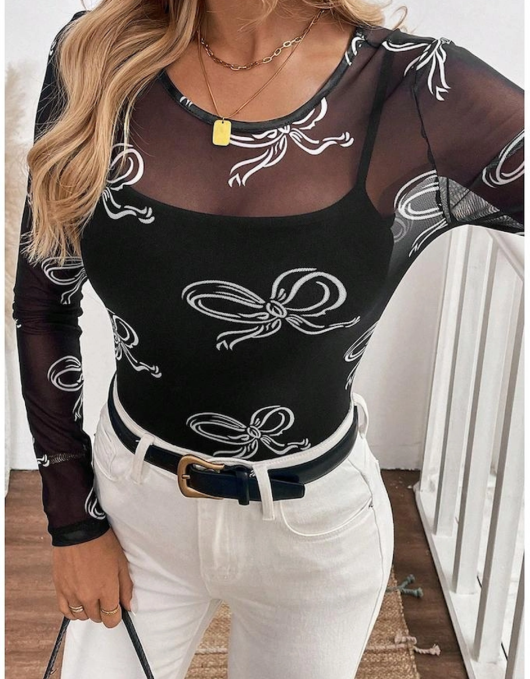 Black Round Neck Bow Print Long Sleeve Mesh Top