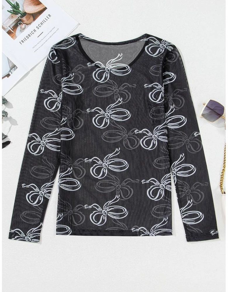 Black Round Neck Bow Print Long Sleeve Mesh Top