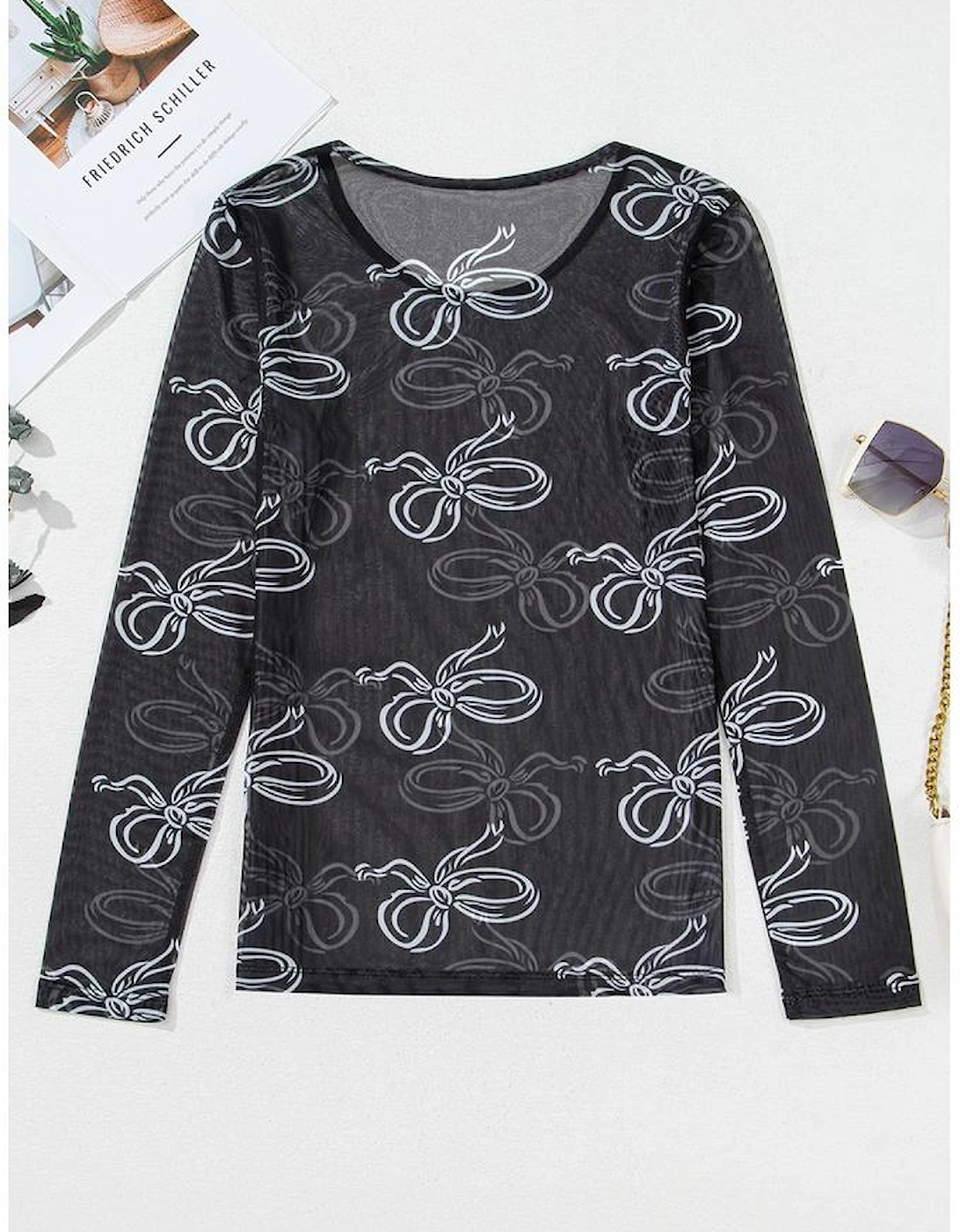 Black Round Neck Bow Print Long Sleeve Mesh Top
