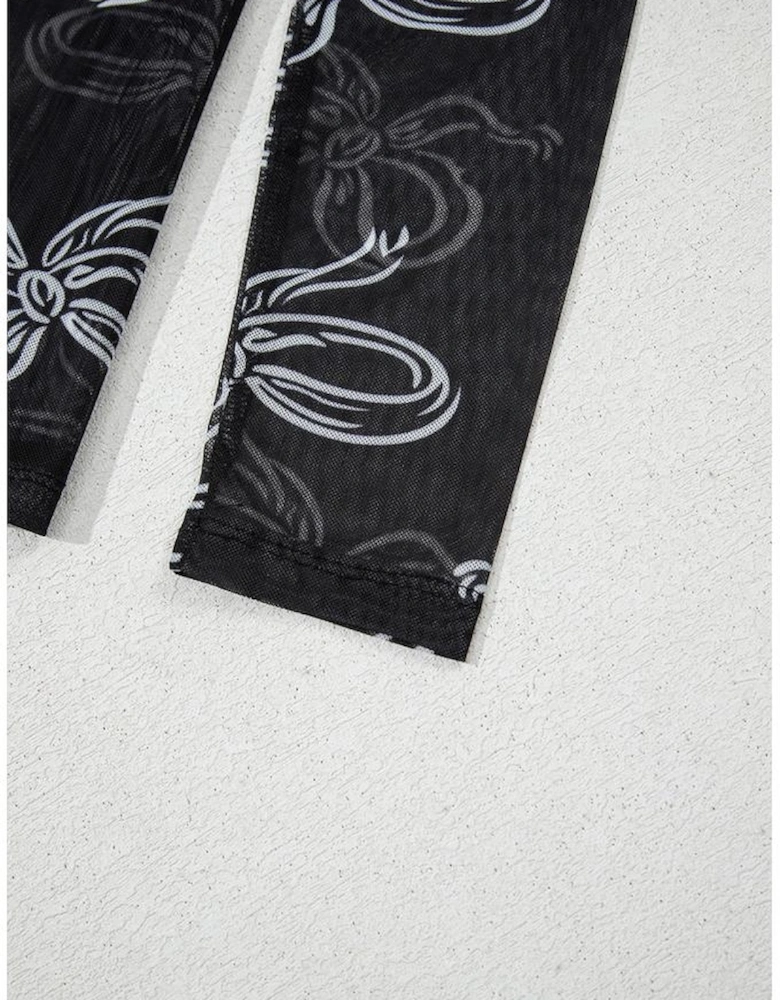 Black Round Neck Bow Print Long Sleeve Mesh Top