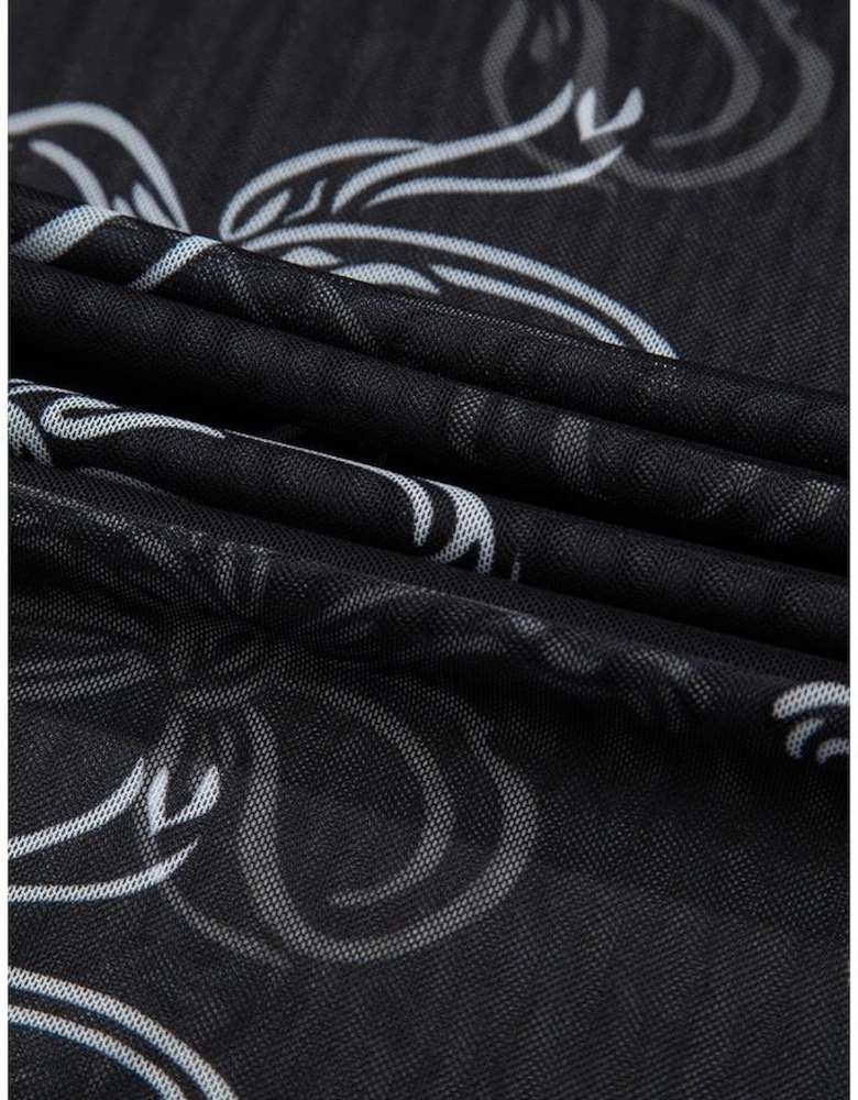 Black Round Neck Bow Print Long Sleeve Mesh Top