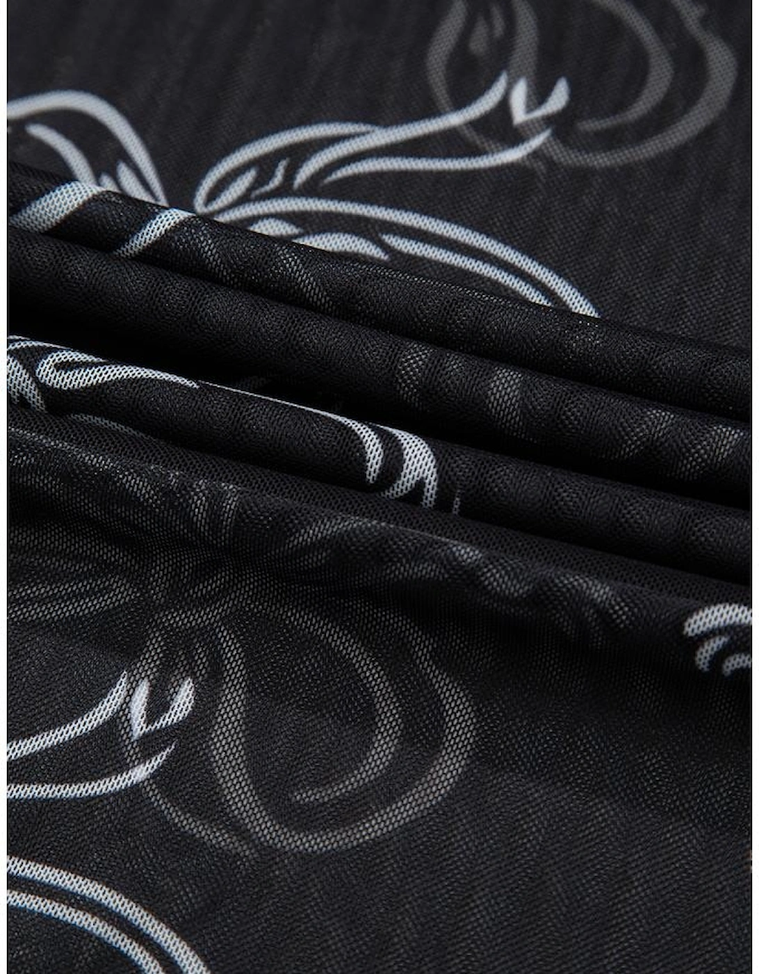 Black Round Neck Bow Print Long Sleeve Mesh Top