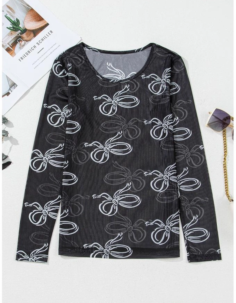 Black Round Neck Bow Print Long Sleeve Mesh Top