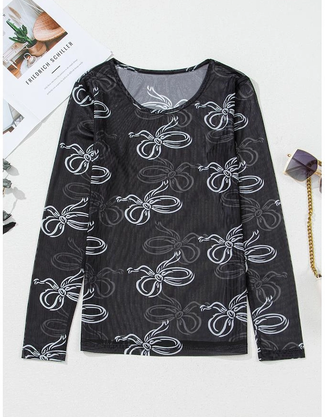 Black Round Neck Bow Print Long Sleeve Mesh Top