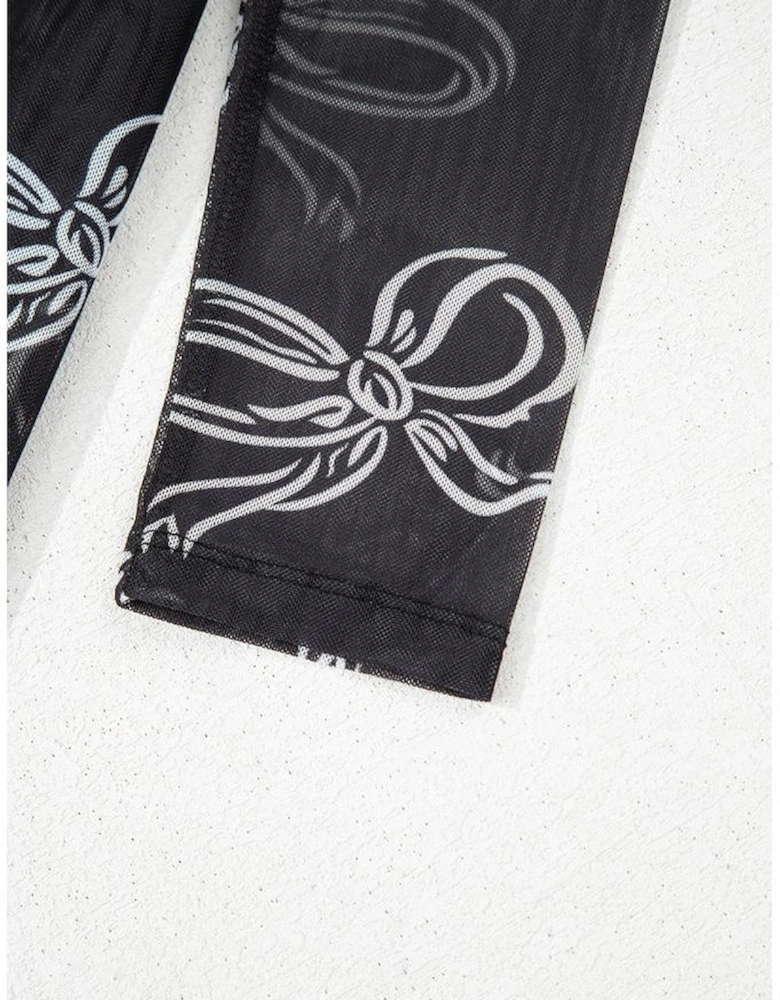 Black Round Neck Bow Print Long Sleeve Mesh Top