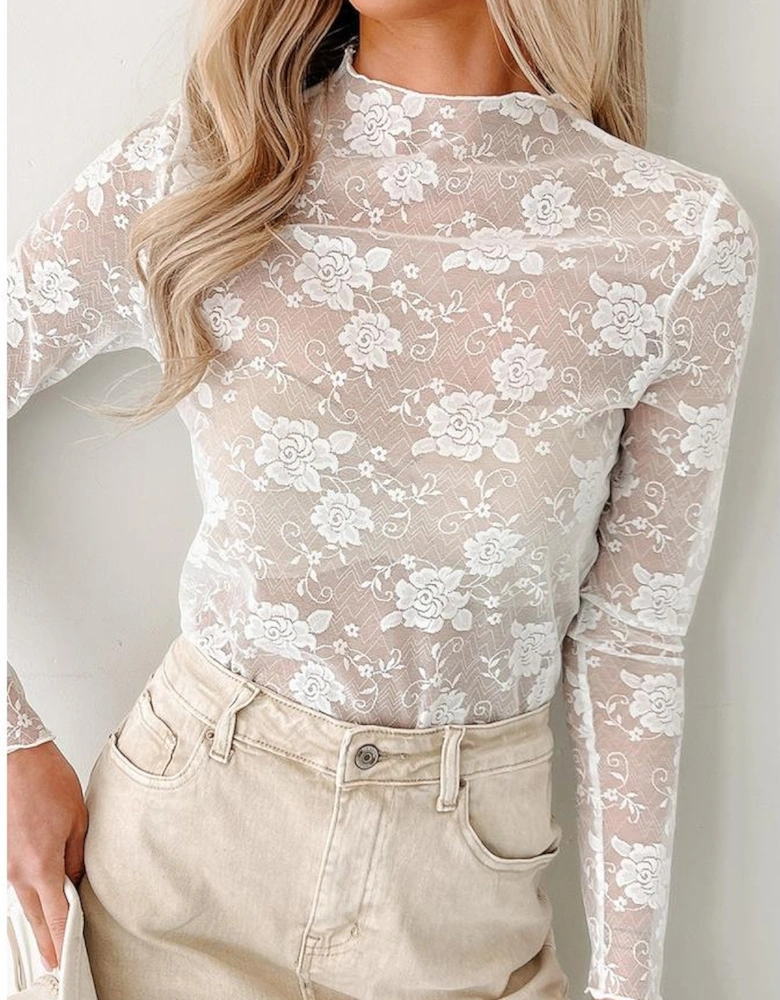White Sheer Floral Lace Mesh Mock Neck Long Sleeve Top