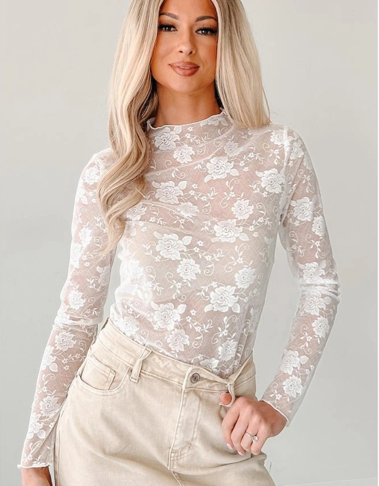 White Sheer Floral Lace Mesh Mock Neck Long Sleeve Top