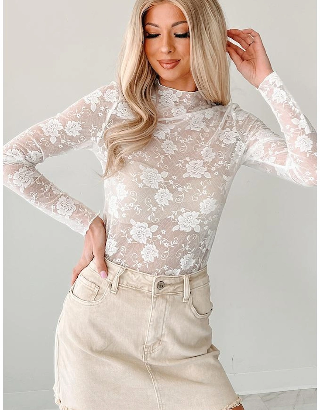 White Sheer Floral Lace Mesh Mock Neck Long Sleeve Top