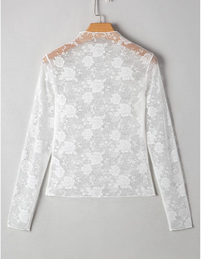 White Sheer Floral Lace Mesh Mock Neck Long Sleeve Top