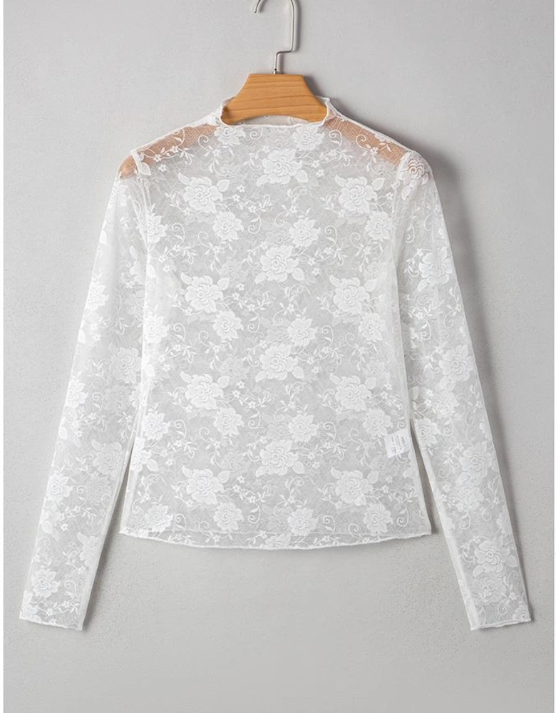 White Sheer Floral Lace Mesh Mock Neck Long Sleeve Top