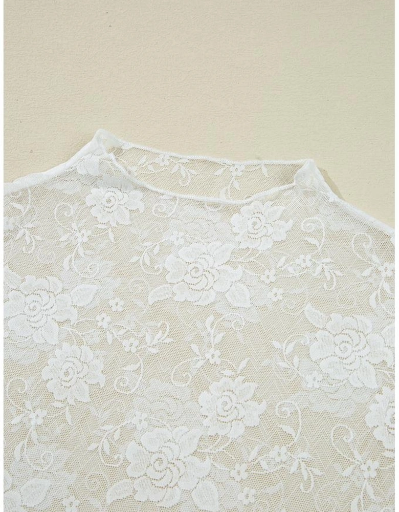 White Sheer Floral Lace Mesh Mock Neck Long Sleeve Top