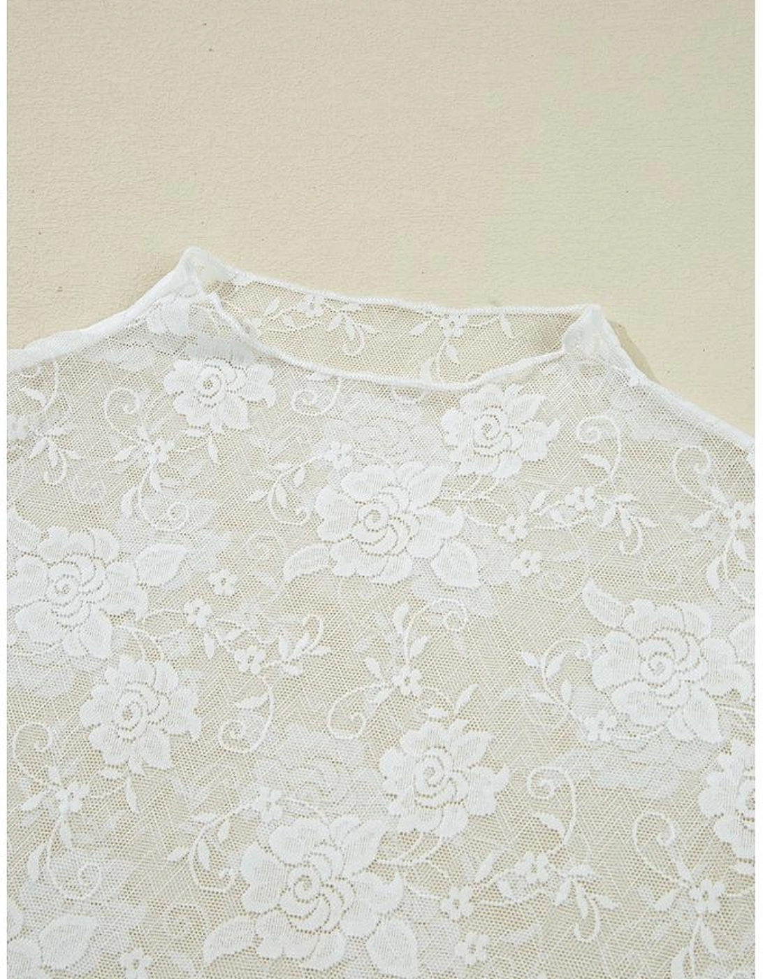 White Sheer Floral Lace Mesh Mock Neck Long Sleeve Top