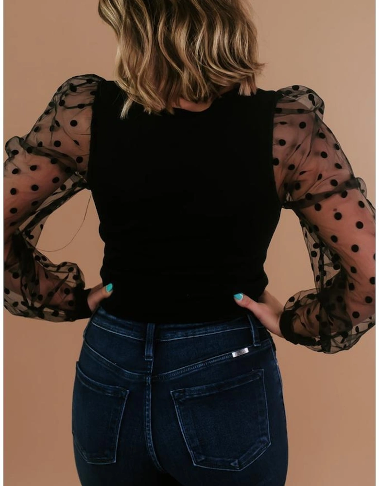 Black Polka Dot Mesh Puff Sleeve Patchwork Ribbed Square Neck Slim Top