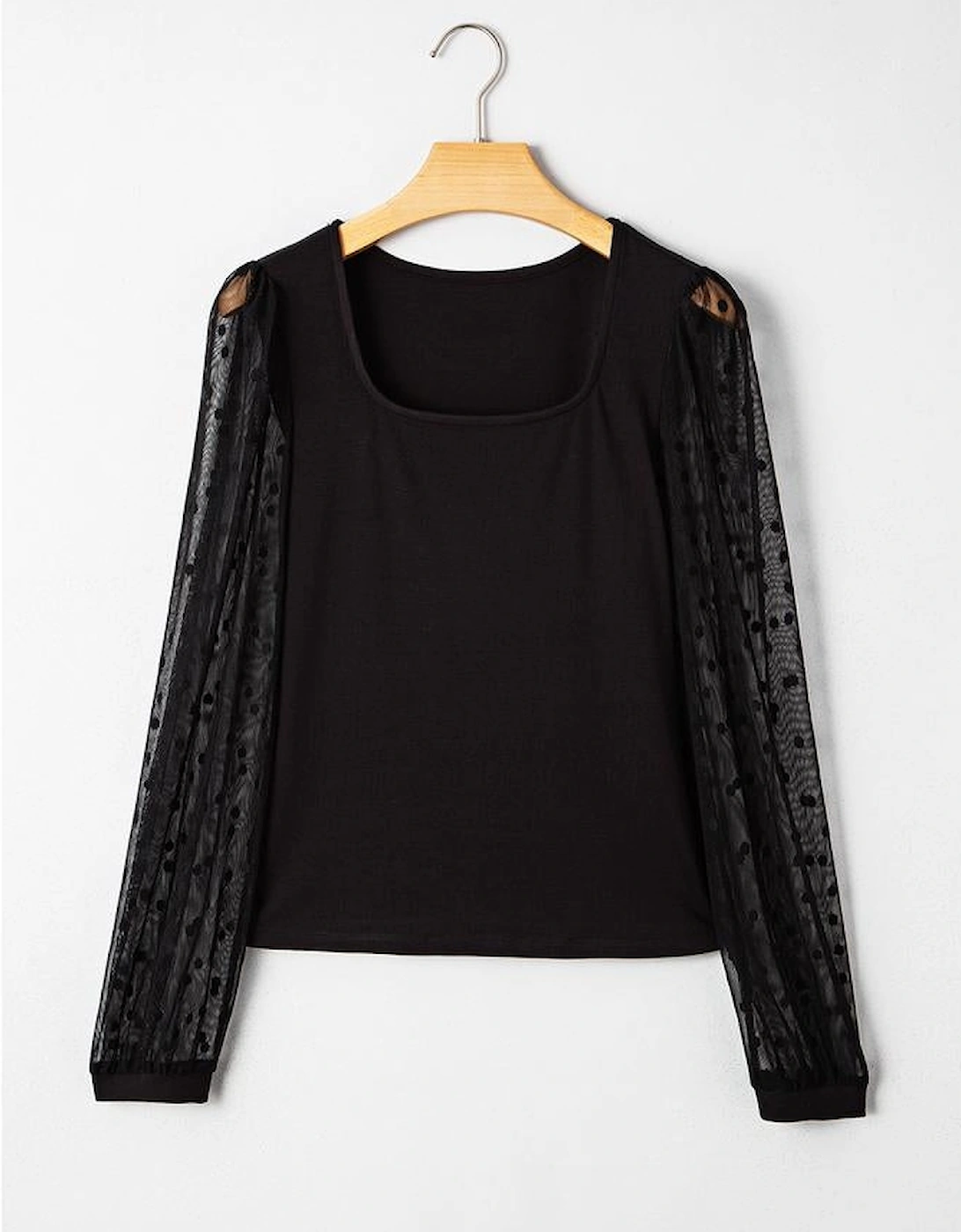 Black Polka Dot Mesh Puff Sleeve Patchwork Ribbed Square Neck Slim Top