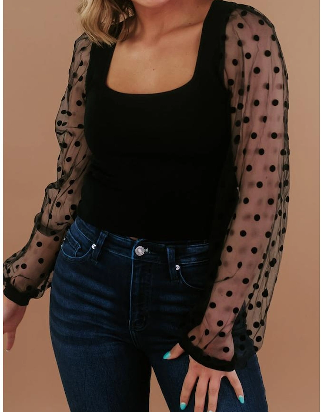 Black Polka Dot Mesh Puff Sleeve Patchwork Ribbed Square Neck Slim Top